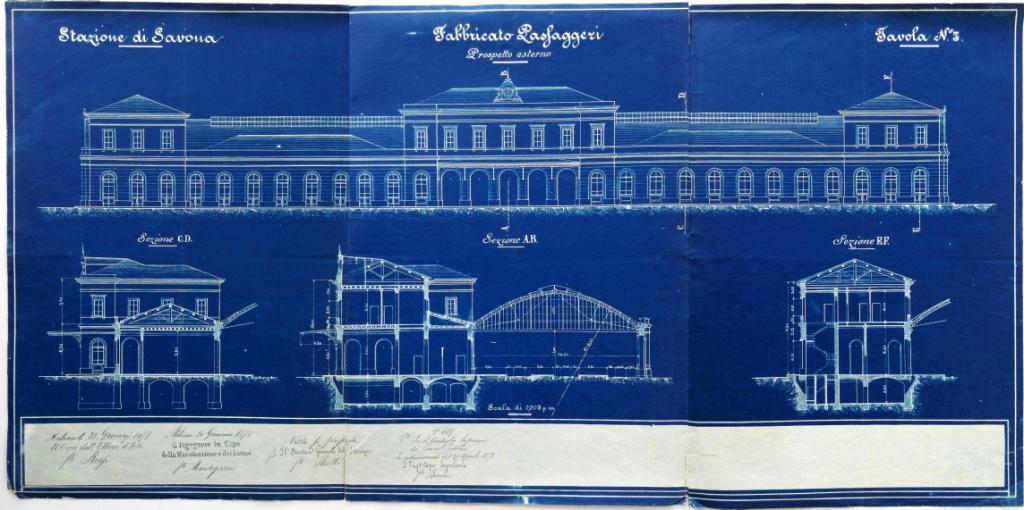 Progetto ottocentesco della Stazione Letimbro di Savona, demolita intorno al 1980.